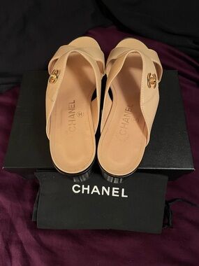 CHANEL Nude Beige Leather Slide Mules with Gold CC Logo